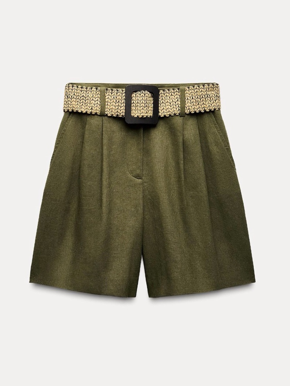 Zara Olive High-Waist Shorts with Woven Cream Belt